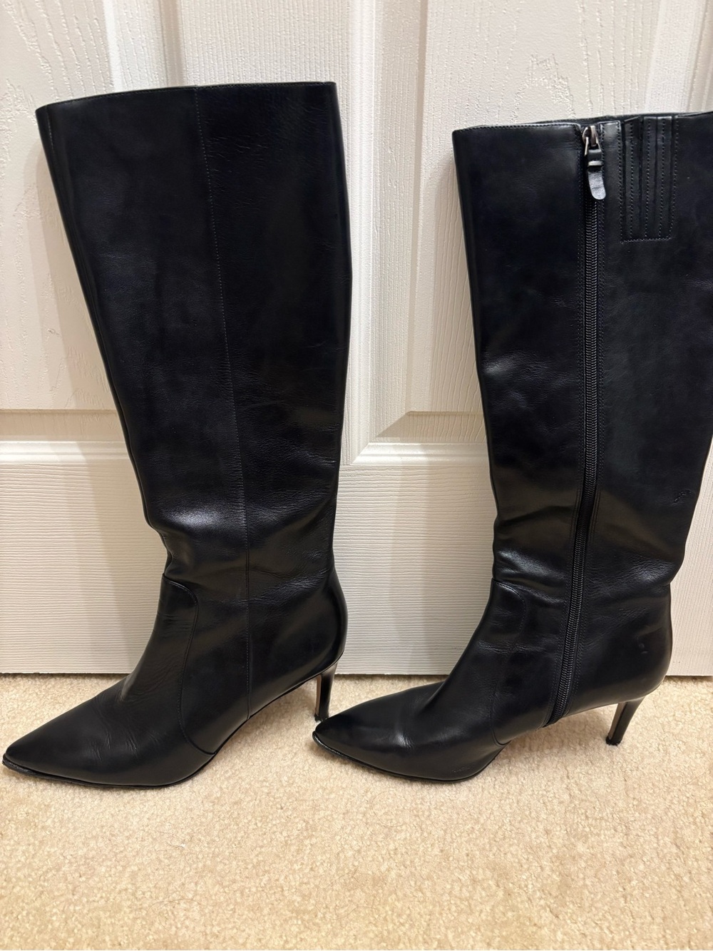 Via Spiga Black Pointed-Toe Knee-High Leather Boots